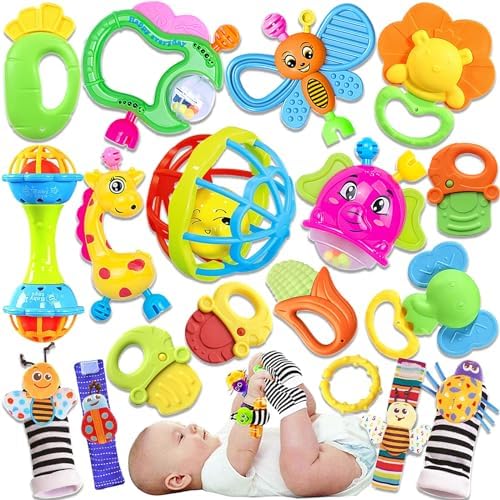 Детские игрушки-погремушки для 0-6 месяцев - 18 шт. Игрушки для младенцев От 0 до 3 месяцев Подарочный набор для мальчиков и девочек с прорезыванием зубов и носочками на запястьях Погремушка для новорожденных Сенсорная игрушка для новорожденных JKHEPL