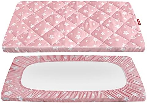 Pack and Play Mattress Pad Cover, Pack n Play Sheets Quilted Fitted Girl, Soft and Breathable Playpen Sheets 39"×27"×5" Fits Graco Play Yards and Foldable Mattress Pad (Pink Star) Moonsea