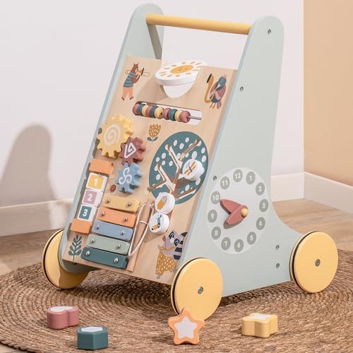 ROBOTIME Wooden Baby Walker, Wooden Push Walker with Wheels, Push Toys for Babies Learning to Walk, Baby Walkers Activity Center for Boys and Girls ROBOTIME
