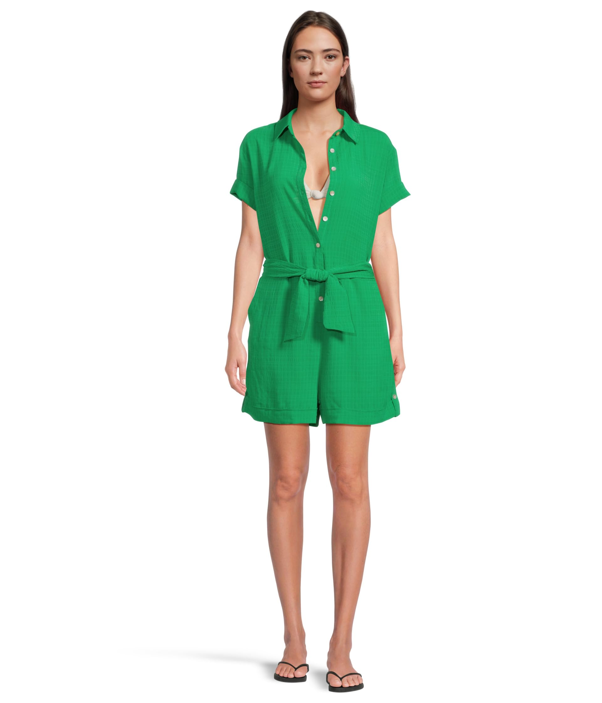 Cabana Textured Button Front Romper cover-up Becca