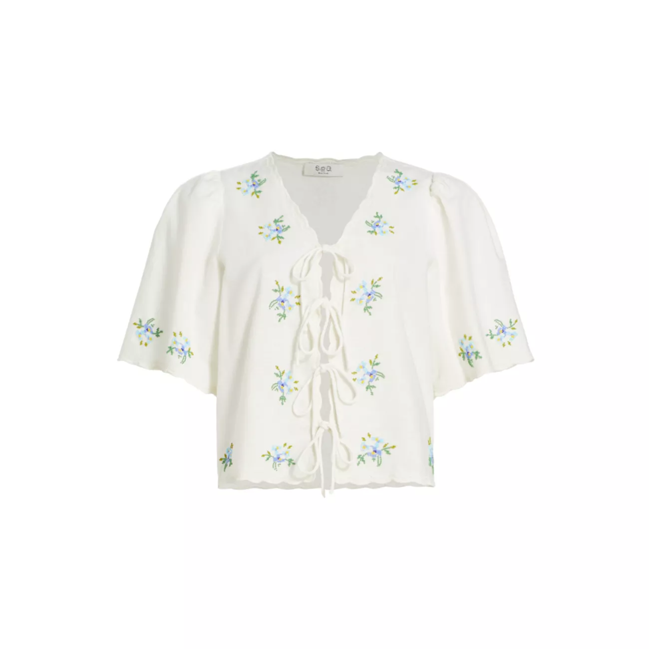Tania Floral Beaded Tie-Front Top Sea