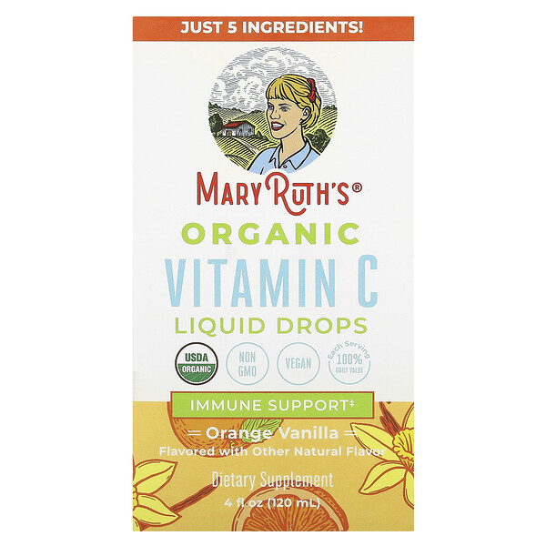 Органические жидкие капли с витамином С, апельсин и ваниль, 4 жидких унции (120 мл) MaryRuth's