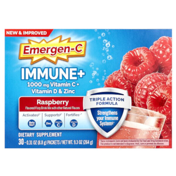 Immune+ Витамин C + Витамин D & Цинк, Малина - 30 пакетов - 8,8 г - Emergen-C Emergen-C