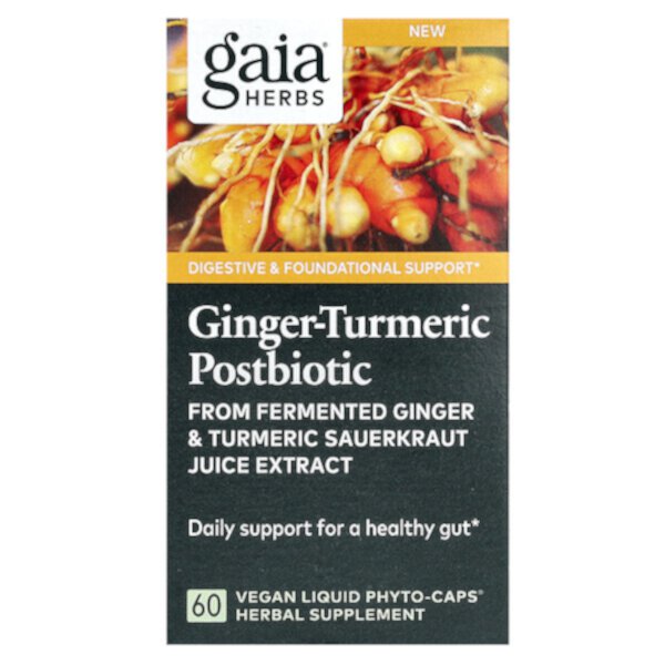 Постбиотик имбирь-куркума, 60 веганских жидких фитокапсул Gaia Herbs