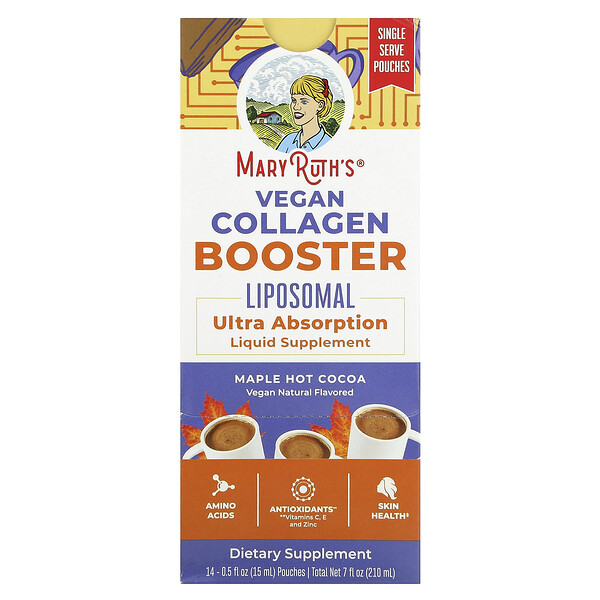 Vegan Collagen Booster Liposomal, кленовое горячее какао, 14 пакетиков по 0,5 жидких унций (15 мл) каждый MaryRuth's
