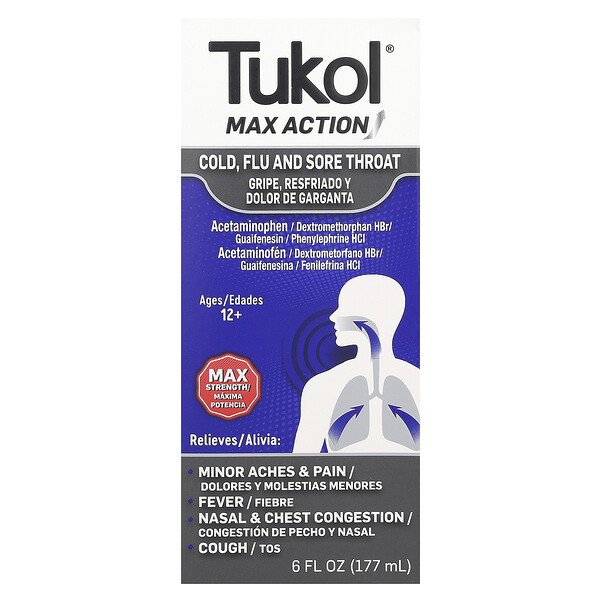 Max Action, Простуда, грипп и боль в горле, возраст 12+, 6 жидких унций (177 мл) Tukol