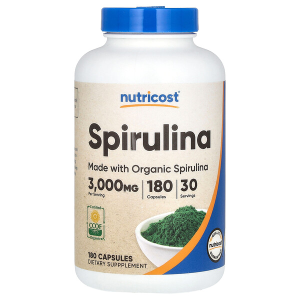 Спирулина, 3000 мг, 180 капсул (500 мг на капсулу) Nutricost