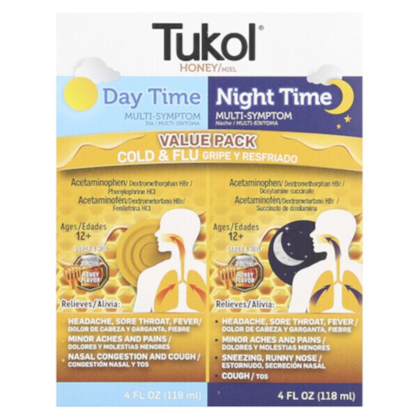 Мед. Multi-Symptom Cold & Flu, полезный пакет для дневного и ночного времени, для детей от 12 лет, натуральный мед, 2 упаковки по 4 жидких унции (118 мл) каждая Tukol