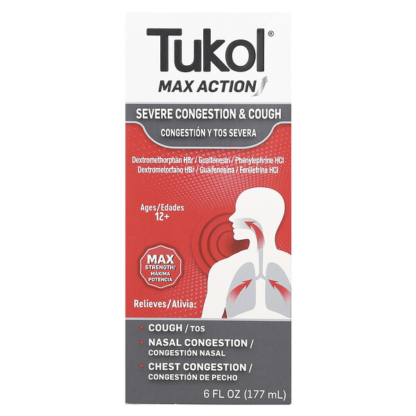 Max Action, Сильная заложенность носа и кашель, возраст 12+, 6 жидких унций (177 мл) Tukol
