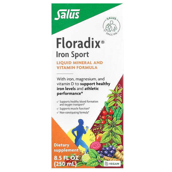 Floradix Iron Sport 250 мл: Жидкая витаминно-минеральная веганская формула без глютена Gaia Herbs