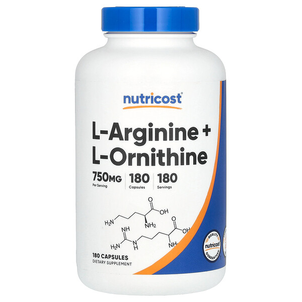 L-Arginine + L-Ornithine, 750 мг, 180 капсул - Nutricost Nutricost