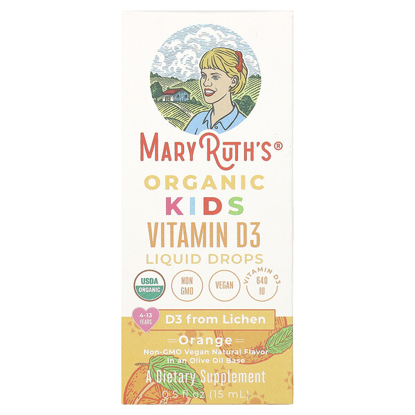 Жидкие капли с витамином D3 для детей Organic Kids, 4–13 лет, апельсиновые, 640 ед., 15 мл (0,5 жидк. унции) MaryRuth's