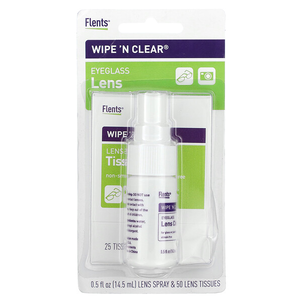 Wipe 'N Clear, Средство для очистки линз очков, 50 салфеток, 1 спрей, 14,5 мл (0,5 жидк. унции) Flents
