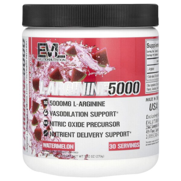 L-Arginine 5000, арбуз, 9,52 унции (270 г) EVLution Nutrition