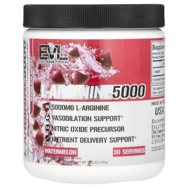 L-Arginine 5000, Watermelon, 9.52 oz (Унции) (270 g) EVLution Nutrition