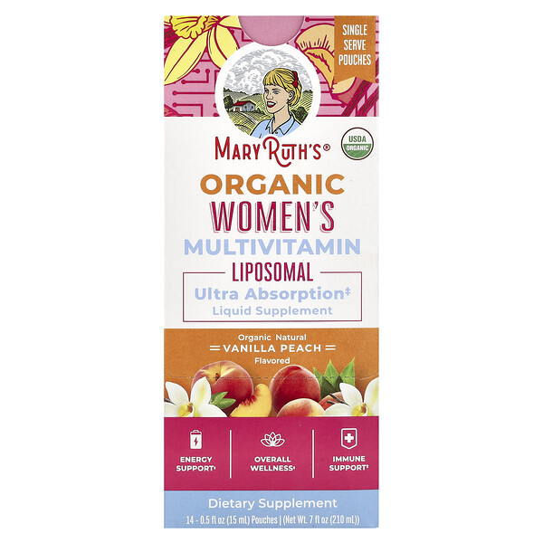 Органические женские мультивитаминные липосомалы, ваниль-персик, 14 пакетиков по 0,5 жидких унций (15 мл) каждый MaryRuth's