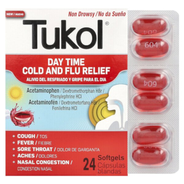 Дневное средство от простуды и гриппа, 24 мягких капсулы Tukol