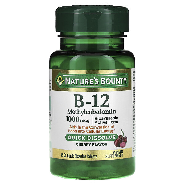 B-12 Метилкобаламин, вишня, 1000 мкг, 60 быстрорастворимых таблеток Nature's Bounty