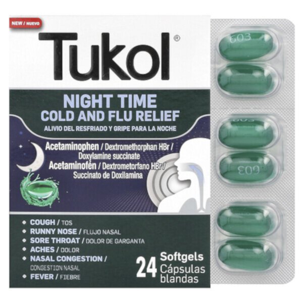 Средство от простуды и гриппа в ночное время, 24 мягких капсулы Tukol