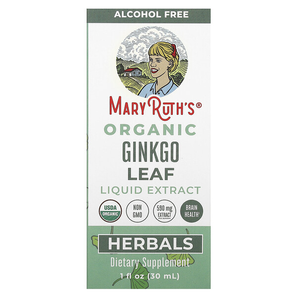 Organic Ginkgo Leaf Liquid Extract (Жидкий экстракт), Alcohol Free, 590 mg, 1 fl oz (Жидкие унции) (30 ml) MaryRuth's