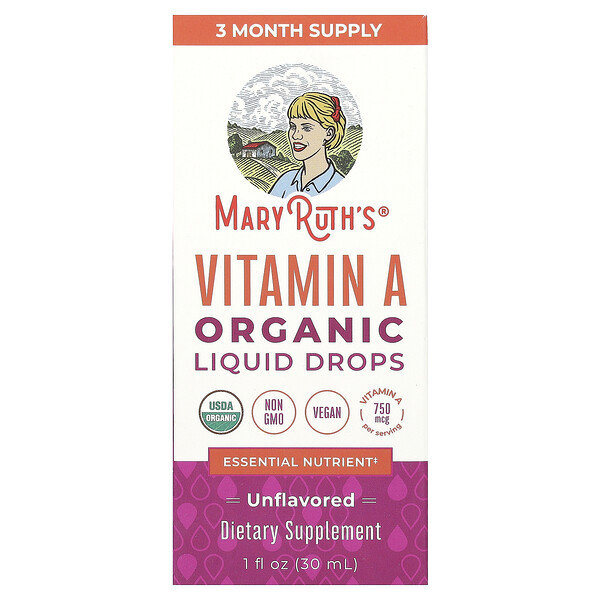 Органические жидкие капли витамина А, без вкуса, 750 мкг, 1 жидкая унция (30 мл) MaryRuth's