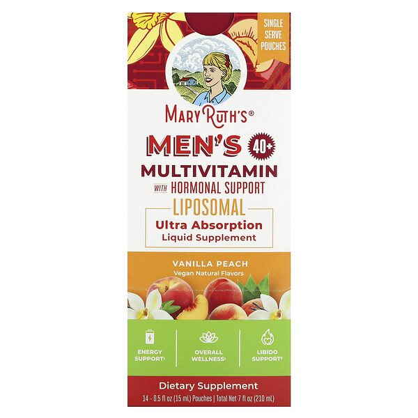 Мультивитамины для мужчин старше 40 лет с гормональной поддержкой, ваниль-персик, 14 пакетиков по 15 мл (0,5 жидк. унции) каждый MaryRuth's