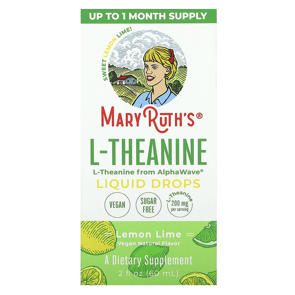 Жидкие капли L-теанина, лимон-лайм, 200 мг, 2 жидкие унции (60 мл) MaryRuth's