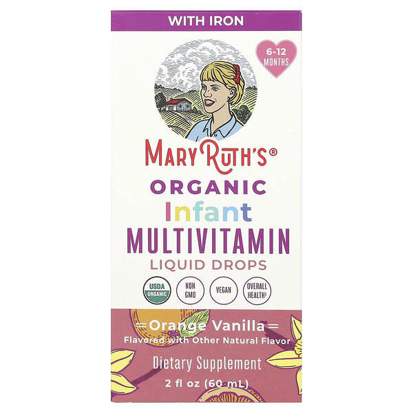Органические мультивитаминные жидкие капли для младенцев, 6–12 месяцев, апельсин и ваниль, 2 жидкие унции (60 мл) MaryRuth's