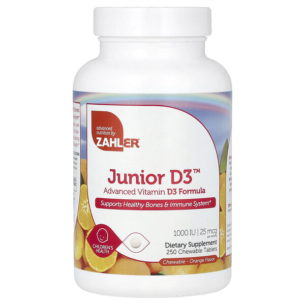 Junior D3, Усовершенствованная формула витамина D3, апельсин, 25 мкг (1000 МЕ), 250 жевательных таблеток Zahler