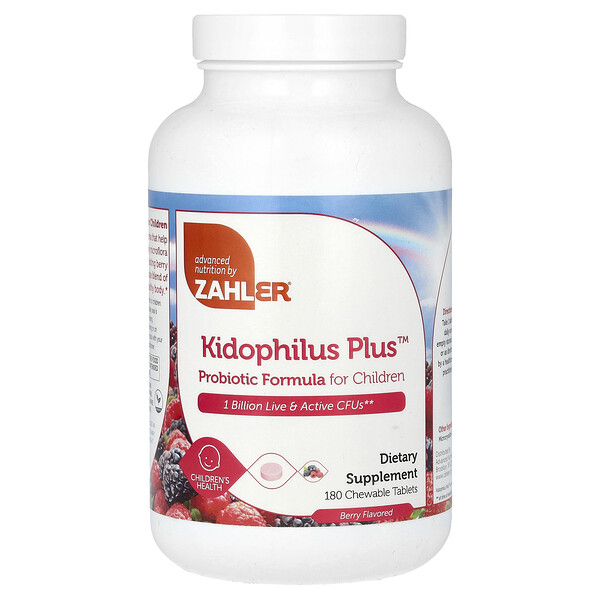 Kidophilus Plus, Пробиотическая формула для детей, ягоды, 1 миллиард КОЕ, 180 жевательных таблеток Zahler
