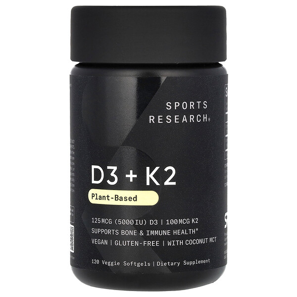 D3 + K2, растительного происхождения, 120 растительных мягких таблеток Sports Research