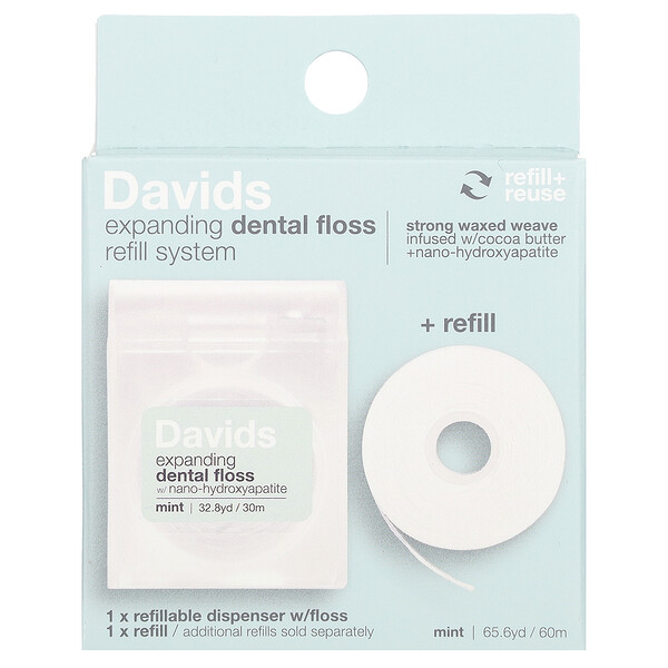 Расширяющаяся сменная система для зубной нити + сменный блок, мятный цвет, 2 шт. Davids Natural Toothpaste