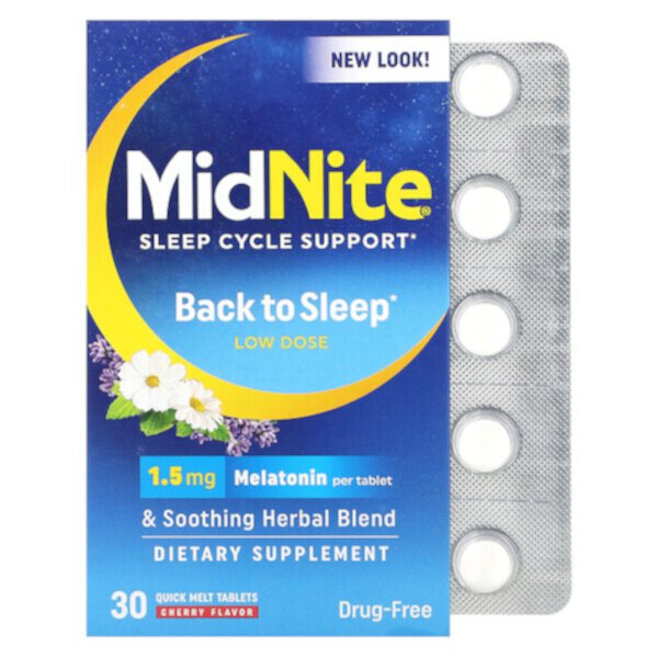 Поддержка сна, Низкая доза, Вишня - 1.5 мг - 30 быстрорастворимых таблеток - MidNite MidNite