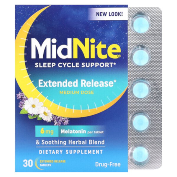 Поддержка цикла сна, средняя доза, 6 мг, 30 таблеток пролонгированного действия MidNite