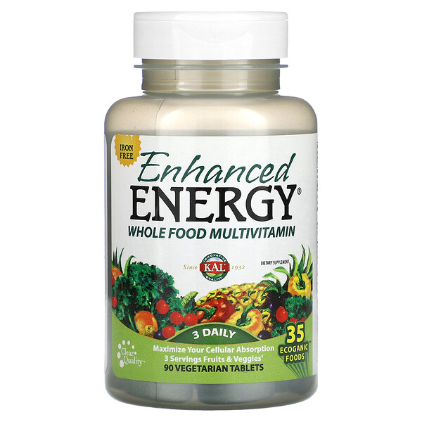 Усиленная Энергия, Мультивитамин из цельных продуктов, Без железа - 90 вегетарианских таблеток - KAL KAL