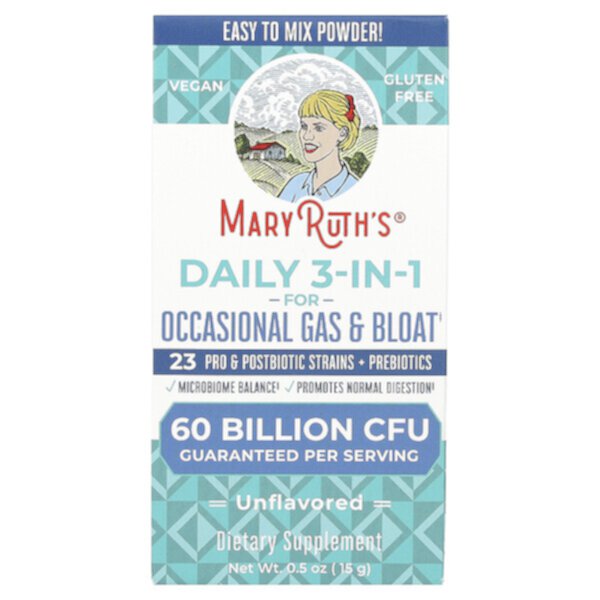 Ежедневный препарат «3 в 1» от эпизодического газообразования и вздутия живота, без вкуса, 60 миллиардов КОЕ, 0,5 унции (15 г) MaryRuth's