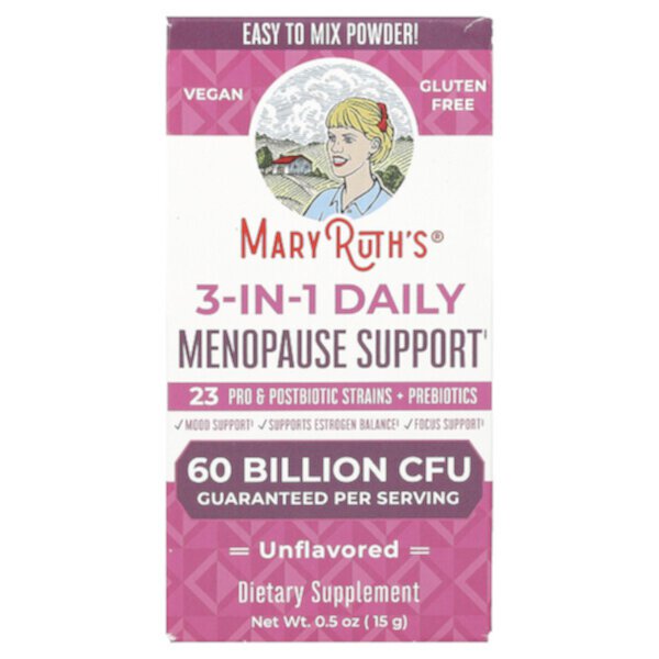 Ежедневная поддержка при менопаузе 3-в-1, без ароматизаторов, 60 миллиардов КОЕ, 0,5 унции (15 г) MaryRuth's