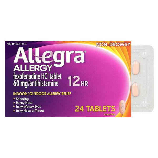 Allergy, 12 часов, без сонливости, 24 таблетки Allegra
