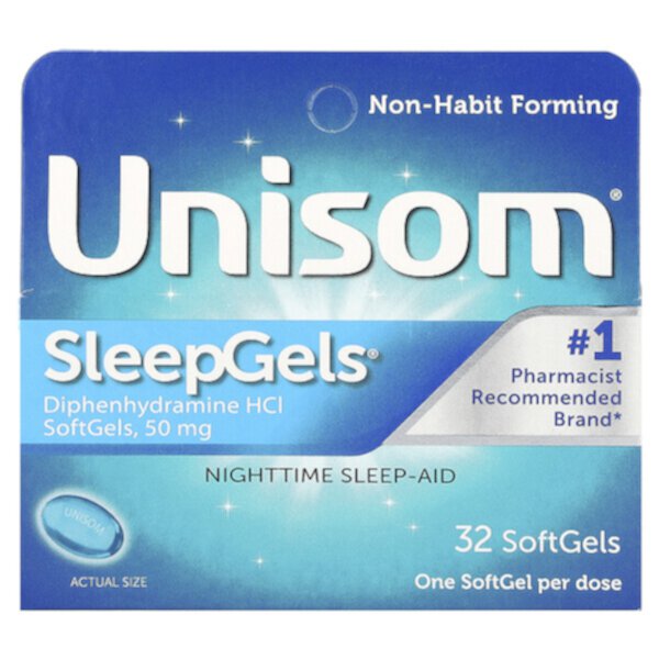 SleepGels, средство для сна в ночное время, 50 мг, 32 мягких желатиновых капсулы Unisom
