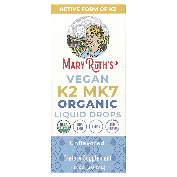 Органические веганские жидкие капли K2 MK7, без вкуса, 1 жидкая унция (30 мл) MaryRuth's