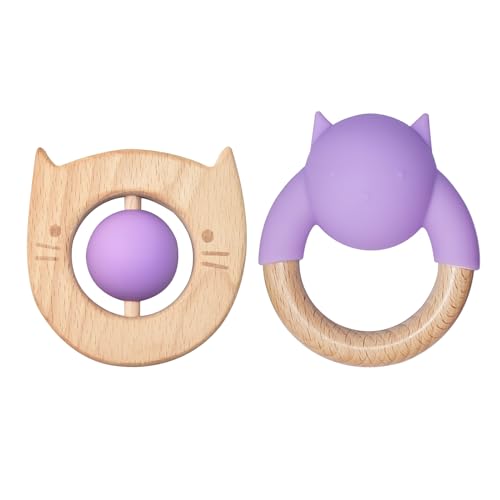 2 Pieces Silicone Wooden Baby Toys | Newborn Wooden Rattle Toys | Wooden Toys for Babies 0-6-12 Months | Montessori Wood Baby Toys | Baby Boy Girl Gifts Set, BPA Free (Cat) LITTLE RAWR