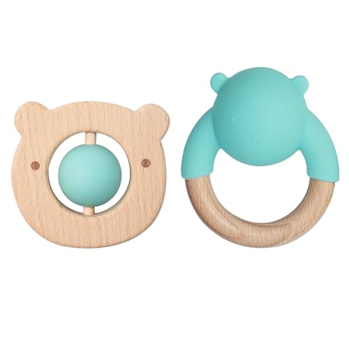 2 Pieces Silicone Wooden Baby Toys | Newborn Wooden Rattle Toys | Wooden Toys for Babies 0-6-12 Months | Montessori Wood Baby Toys | Baby Boy Girl Gifts Set, BPA Free (Cat) LITTLE RAWR