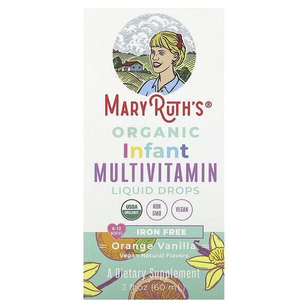 Органические мультивитаминные жидкие капли для младенцев, без железа, 6–12 месяцев, апельсин-ваниль, 2 жидкие унции (60 мл) MaryRuth's