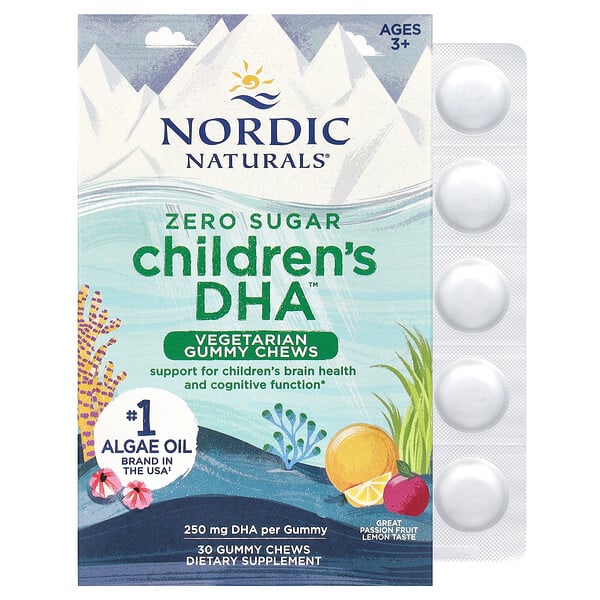 Детская ДГК с нулевым содержанием сахара, для детей от 3 лет, маракуйя с лимоном, 250 мг, 30 жевательных конфет Nordic Naturals