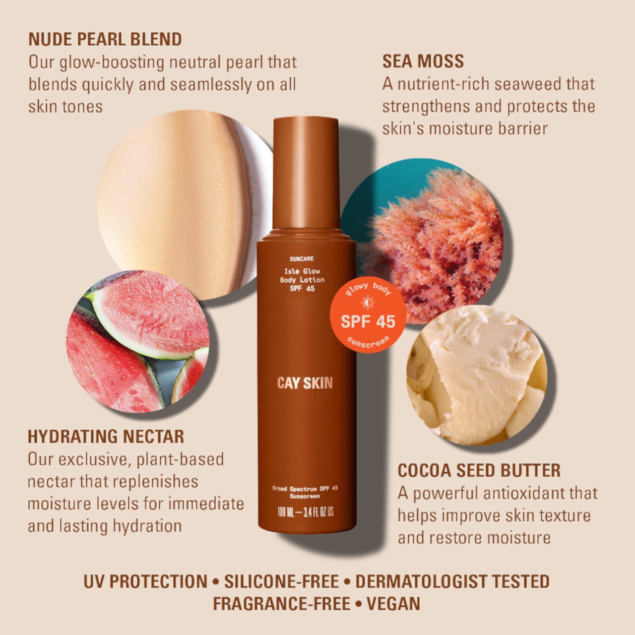 Лосьон для тела Isle Glow SPF 45 с морским мхом и маслом семян какао CAY SKIN