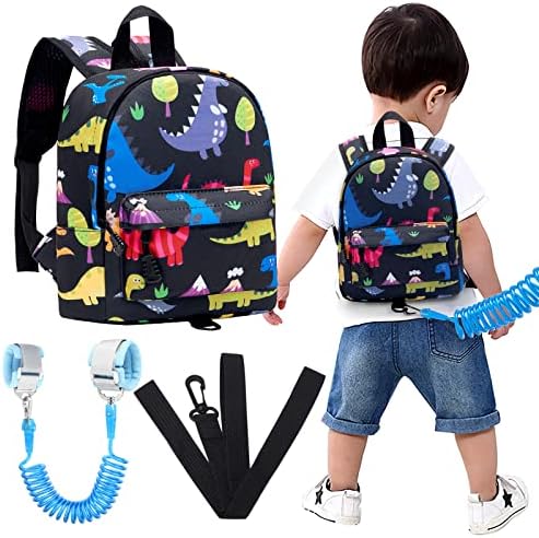 Accmor Toddler Harness Backpack Leash, Baby Dinosaur Backpacks with Anti Lost Wrist Link, Cute Mini Child Backpack Wristband Tether Strap and Protection Leashes for Baby boys (Black) Accmor