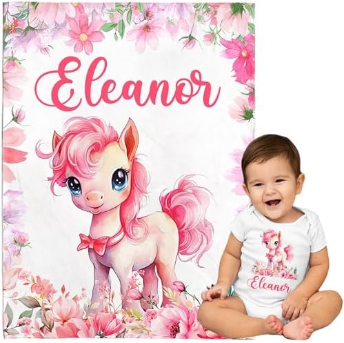 Personalized Pink Horse Baby Blanket, Custom Baby Horse Blanket with Name, Personalized Lightweight Flannel Soft Throw Blankets, Blanket 30x40 inches Custom