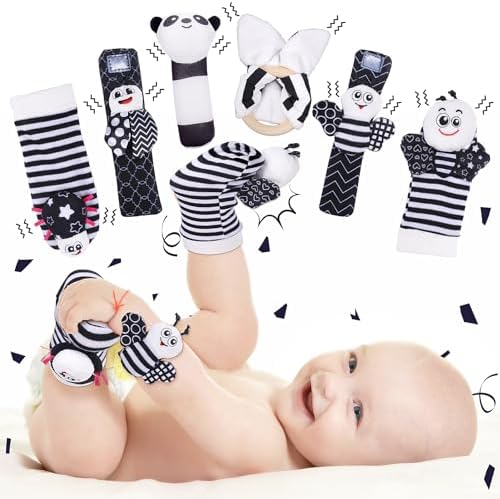 Детские носки-погремушки 0-3-6-12 месяцев: 6 шт. Черно-белые детские носки на запястье Игрушки для 0-3 месяцев Высококонтрастные игрушки для новорожденных Пасхальные корзины Подарки для младенцев для мальчиков и девочек 0-6 6-12 месяцев FunforFun!