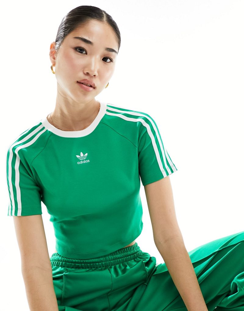 Зеленая укороченная футболка с 3 полосками adidas Originals Adidas