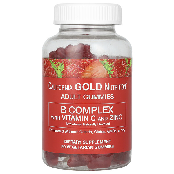 B Complex с Витамином С и Цинком, Натуральный Клубничный Вкус, 90 Вегетарианских Жевательных Конфет - California Gold Nutrition California Gold Nutrition